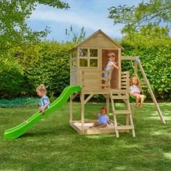 Buttercup Cottage Wooden Playhouse with Deck, Swing Arm & 6ft Wavy Slide - FSC® certified