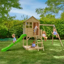 Buttercup Cottage Wooden Playhouse with Deck, Double Swing Arm & 6ft Wavy Slide - FSC® certified