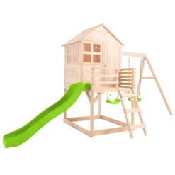Buttercup Cottage Wooden Playhouse with Deck, Double Swing Arm & 6ft Wavy Slide - FSC® certified