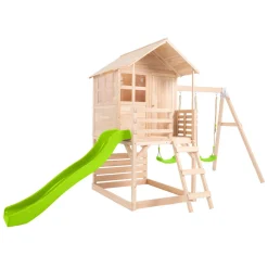 Buttercup Cottage Wooden Playhouse with Verandah, 6ft Wavy Slide, Double Swing Arm and Deck - FSC® certified