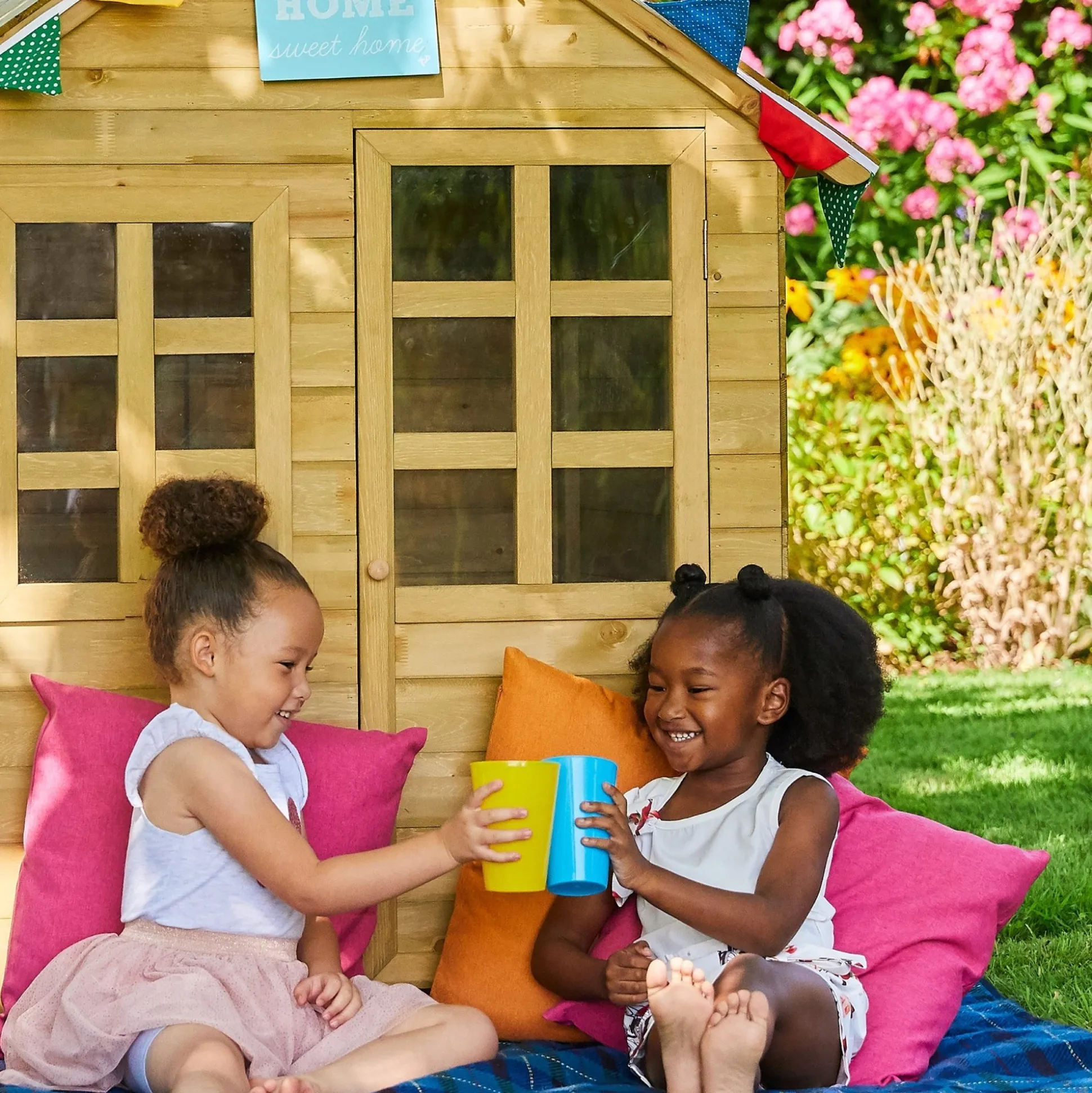 Foxglove Cottage Playhouse with Early Fun Mud Kitchen Accessory and Shutters - FSC® certified
