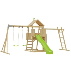 Kingswood wooden climbing frame with climbing bridge, 2 Roped swing seats & Ripple Slide - FSC® certified