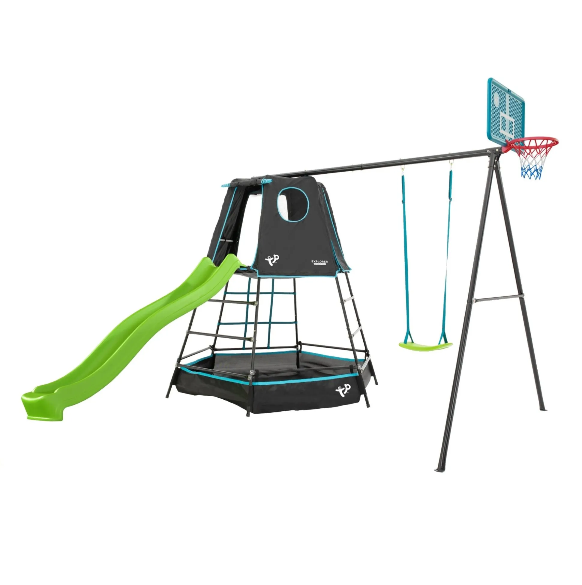 TP Explorer Metal Climbing Frame Set & Ripple Slide, Swing and Basketball Black Edition