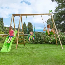 TP Forest Multiplay Double Wooden Swing Set with Quadpod, Roped Rapide seat & Slide - FSC® certified