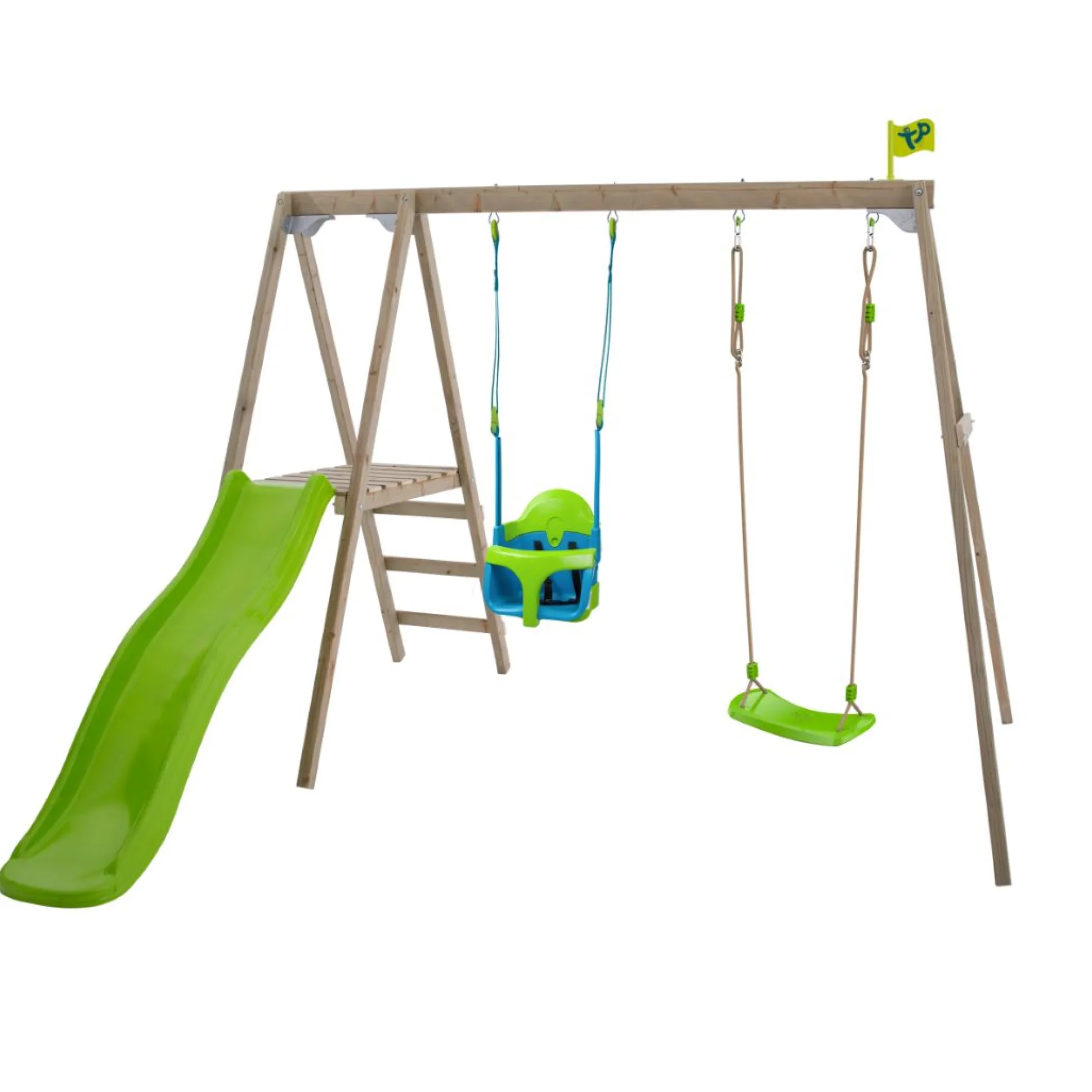 TP Forest Multiplay Double Wooden Swing Set with Quadpod, Roped Rapide seat & Slide - FSC® certified