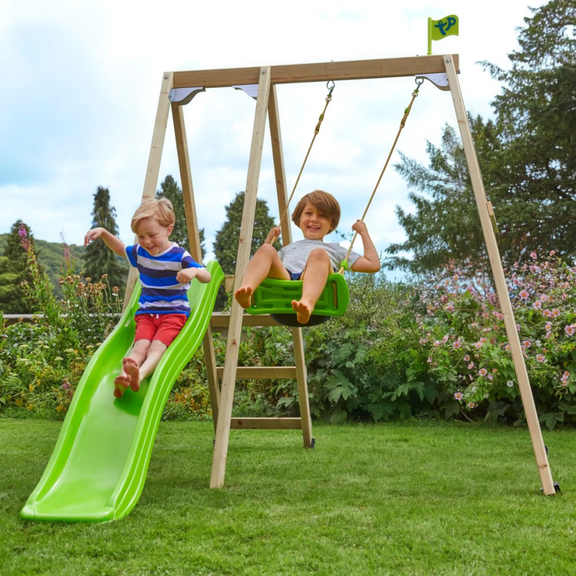 TP Forest Multiplay Single Wooden Swing Set with Roped Rapide Seat & Slide - FSC® certified