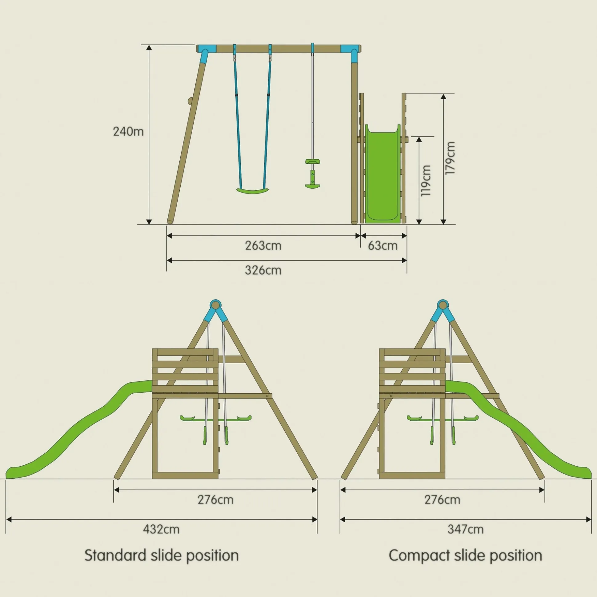 TP Kite Wooden Double Swing Set with Quadpod, Roped Rapide Seat and 8ft Slide