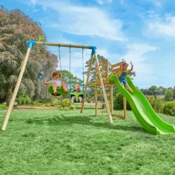 TP Kite Wooden Double Swing Set with Quadpod, Roped Rapide Seat and 8ft Slide