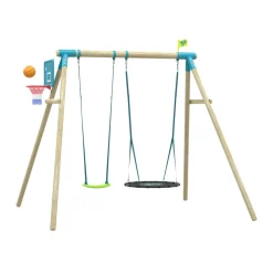 TP Knightswood Double Wooden Swing Set With Nest Swing & Basketball Hoop - PEFC Certified