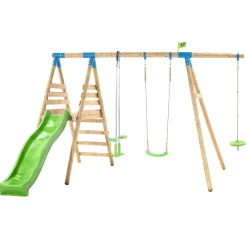 TP Knightswood Triple Wooden Swing & Slide Set With Glide Ride & Button Seat
