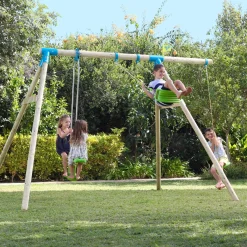 TP Knightswood Triple Wooden Swing Set With Glide Ride And Button Seat