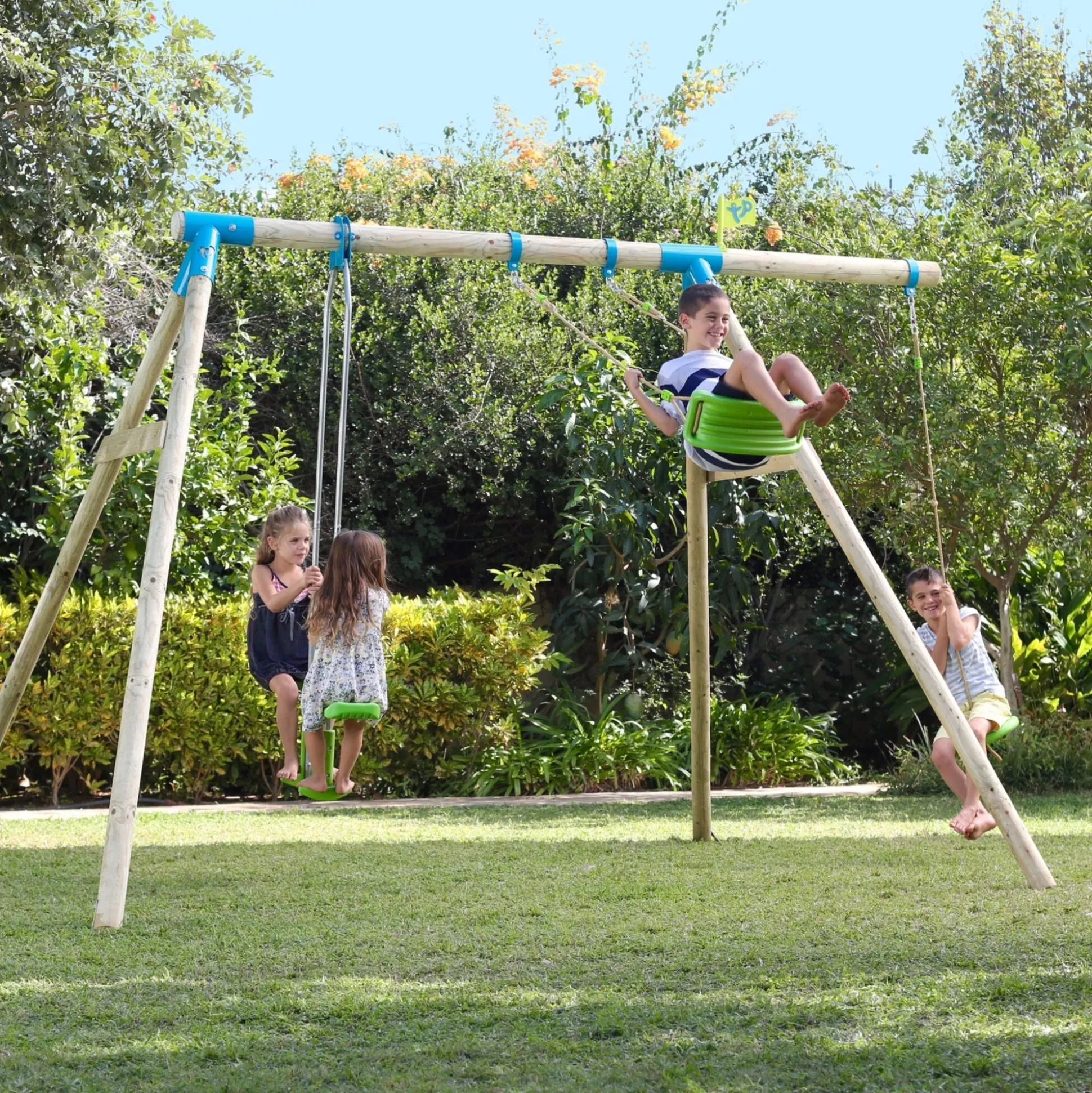 TP Knightswood Triple Wooden Swing Set With Glide Ride And Button Seat