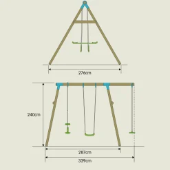 TP Knightswood Triple Wooden Swing Set With Glide Ride And Button Seat