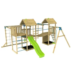 TP Skywood Wooden Climbing Frame with Extra Play Tower, Sky Deck, Skyline with Flying Fox, Monkey Bars, Single Swing Arm & Slide - FSC® certified