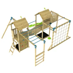 TP Skywood Wooden Climbing Frame with Extra Play Tower, Sky Deck, Skyline with Flying Fox, Monkey Bars, Single Swing Arm & Slide - FSC® certified