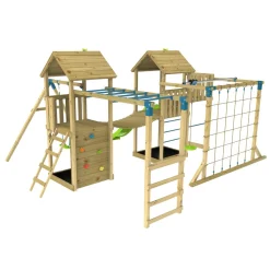 TP Skywood Wooden Climbing Frame with Extra Play Tower, Sky Deck, Skyline with Flying Fox, Monkey Bars, Single Swing Arm & Slide - FSC® certified