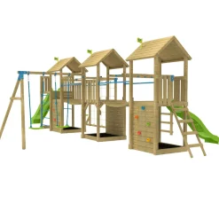 TP Skywood Wooden Climbing Frame with Two Extra Play Towers, Sky Deck, Skyline with Flying Fox, Monkey Bars, Double Swing Arm, 10ft Super Wavy Slide & 8ft Ripple Slide - FSC® certified