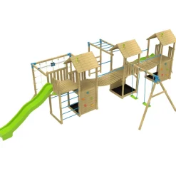TP Skywood Wooden Climbing Frame with Two Extra Play Towers, Sky Deck, Skyline with Flying Fox, Monkey Bars, Double Swing Arm, 10ft Super Wavy Slide & 8ft Ripple Slide - FSC® certified