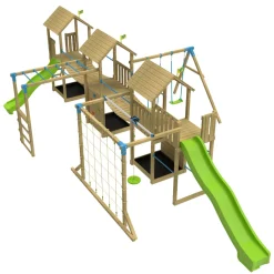 TP Skywood Wooden Climbing Frame with Two Extra Play Towers, Sky Deck, Skyline with Flying Fox, Monkey Bars, Double Swing Arm, 10ft Super Wavy Slide & 8ft Ripple Slide - FSC® certified