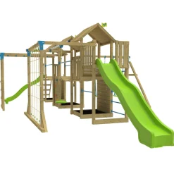 TP Skywood Wooden Climbing Frame with Two Extra Play Towers, Sky Deck, Skyline with Flying Fox, Monkey Bars, Double Swing Arm, 10ft Super Wavy Slide & 8ft Ripple Slide - FSC® certified