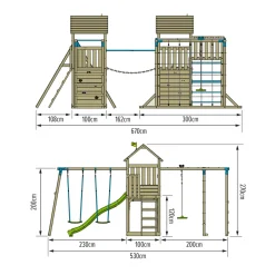 TP Skywood Wooden Climbing Frame with Extra Play Tower, Sky Deck, Skyline with Flying Fox, Monkey Bars, Double Swing Arm & Slide - FSC® certified
