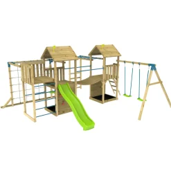 TP Skywood Wooden Climbing Frame with Extra Play Tower, Sky Deck, Skyline with Flying Fox, Monkey Bars, Double Swing Arm & Slide - FSC® certified