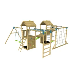 TP Skywood Wooden Climbing Frame with Extra Play Tower, Sky Deck, Skyline with Flying Fox, Monkey Bars, Double Swing Arm & Slide - FSC® certified