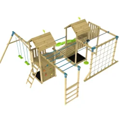 TP Skywood Wooden Climbing Frame with Extra Play Tower, Sky Deck, Skyline with Flying Fox, Monkey Bars, Double Swing Arm & Slide - FSC® certified