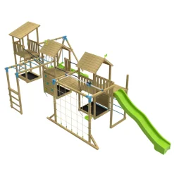 TP Skywood Wooden Climbing Frame with Three Towers, Sky Deck, Flying Fox, Monkey Bars, Double Swing Arm & Two Slides - FSC® certified