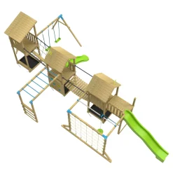 TP Skywood Wooden Climbing Frame with Three Towers, Sky Deck, Flying Fox, Monkey Bars, Double Swing Arm & Two Slides - FSC® certified