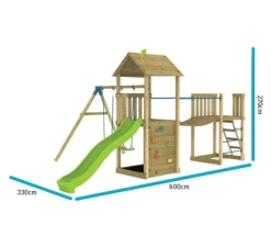 TP Skywood Wooden Tower Climbing Frame with Ripple Slide, Sky Bridge, Mini Tower & Double Swing Arm - FSC® certified