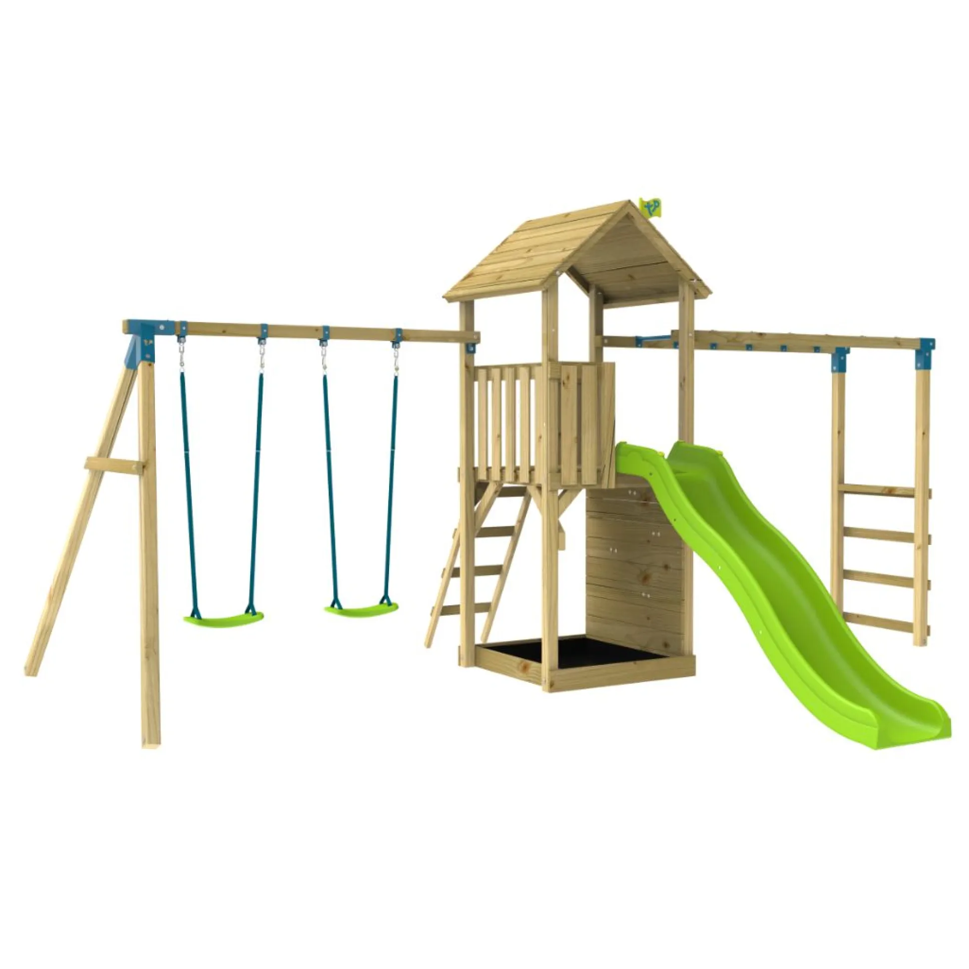 TP Skywood Wooden Tower Climbing Frame with Ripple Slide, Monkey Bars & Double Swing Arm - FSC® certified