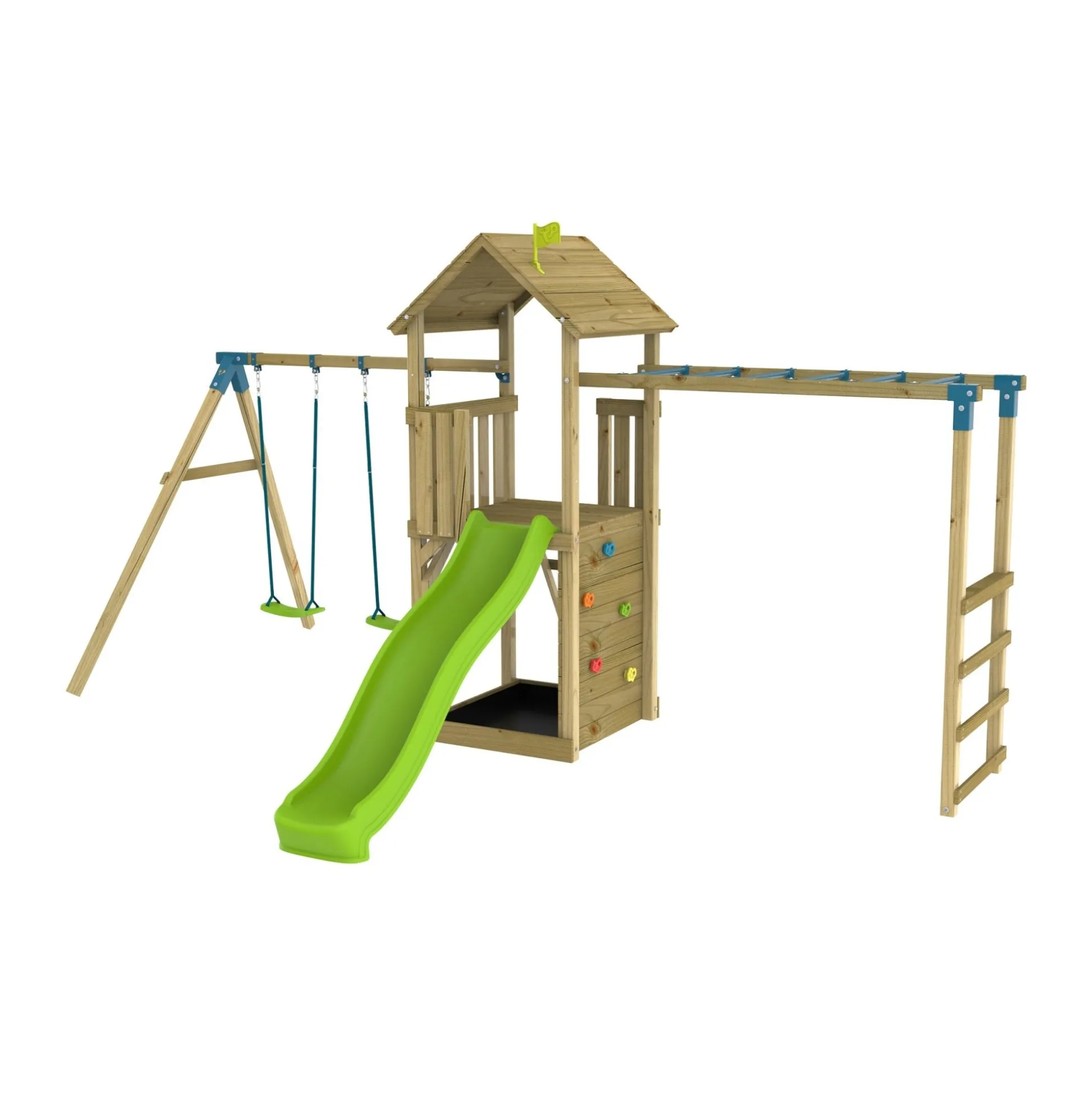 TP Skywood Wooden Tower Climbing Frame with Ripple Slide, Monkey Bars & Double Swing Arm - FSC® certified