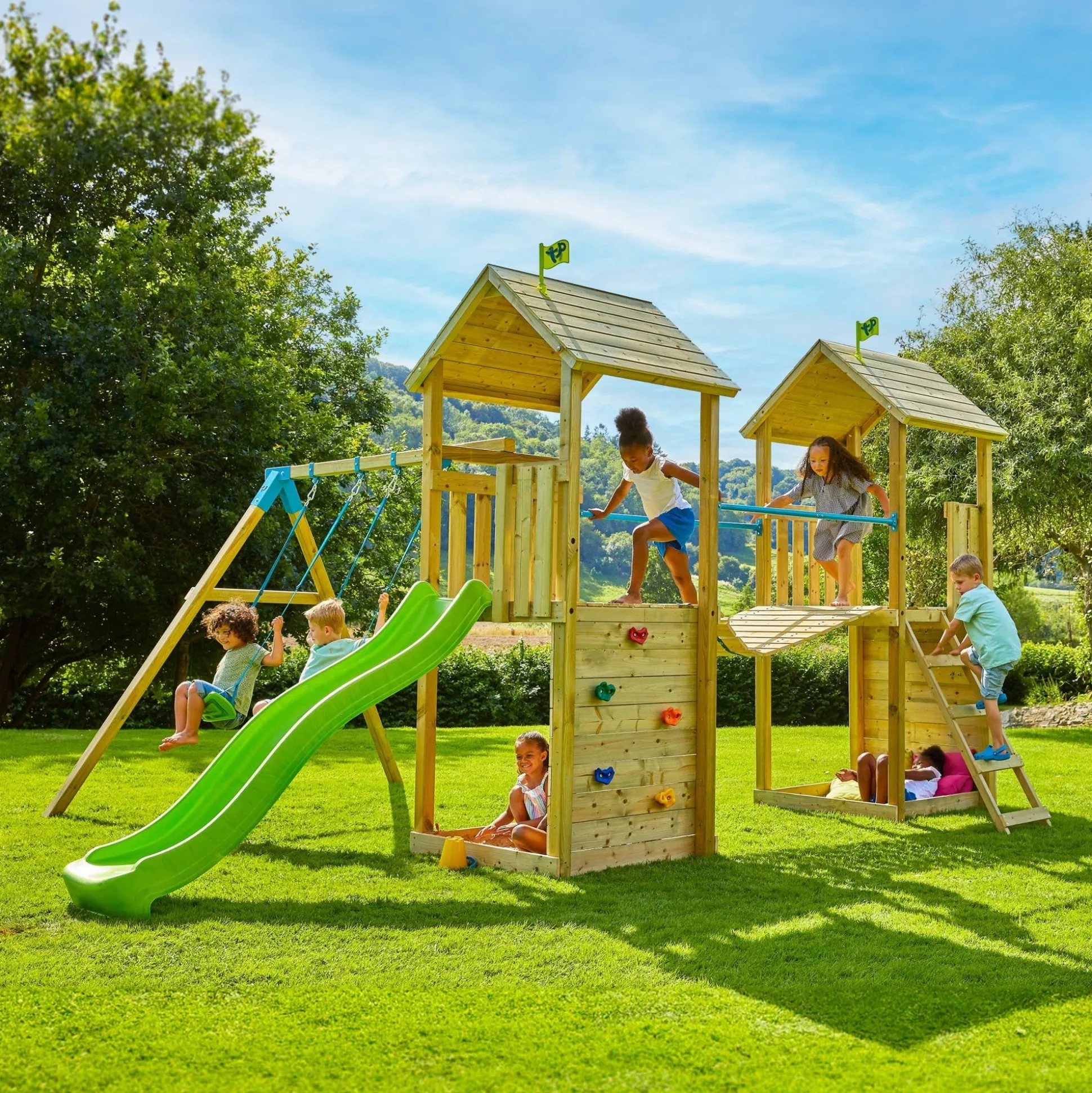 TP Skywood Wooden Tower Climbing Frame with Ripple Slide, Sky Bridge, Additional Play Tower & Double Swing Arm - FSC® certified
