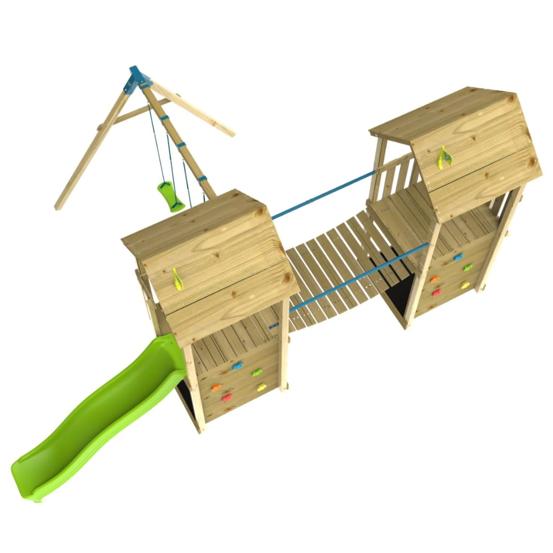 TP Skywood Wooden Tower Climbing Frame with Ripple Slide, Sky Bridge, Additional Play Tower & Double Swing Arm - FSC® certified