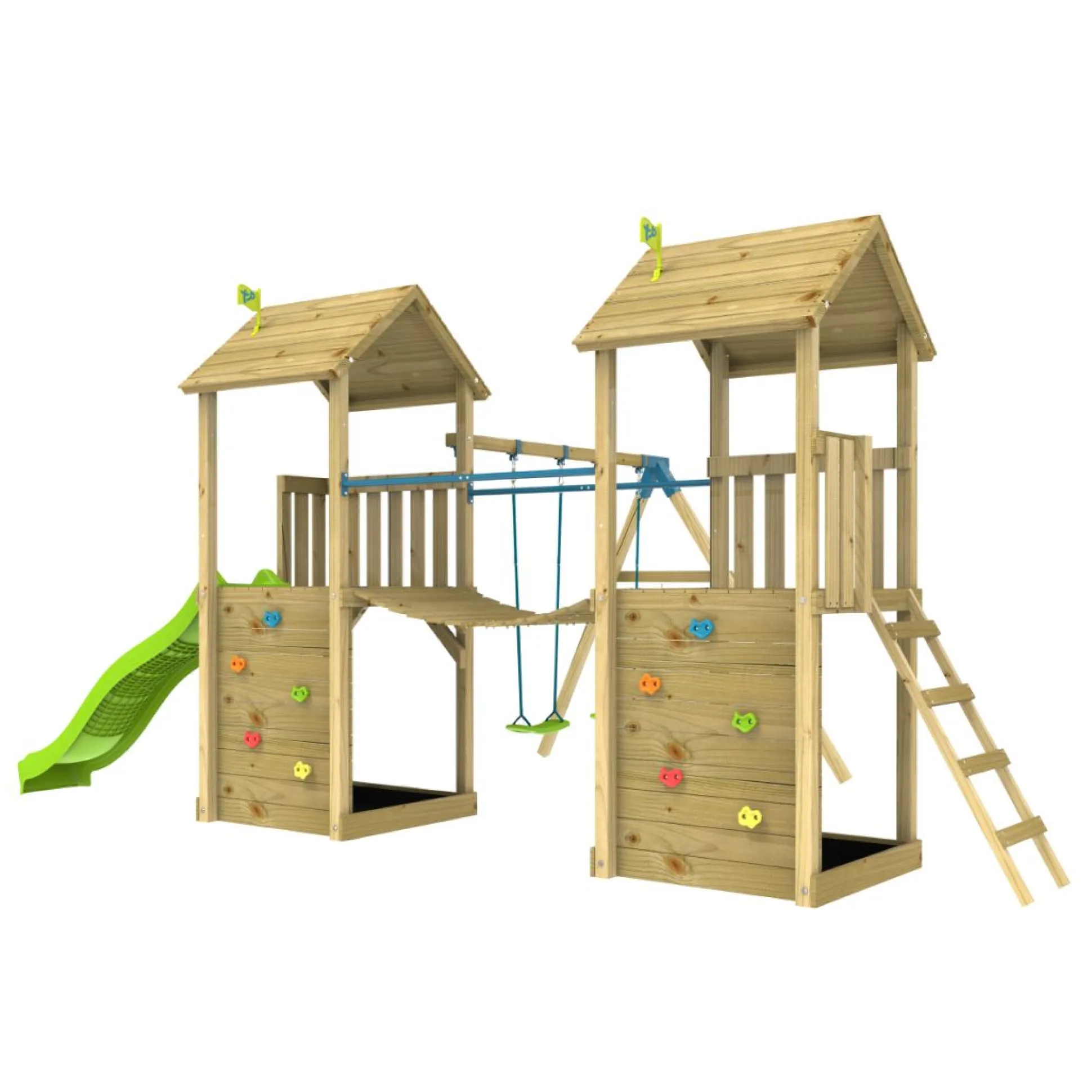 TP Skywood Wooden Tower Climbing Frame with Ripple Slide, Sky Bridge, Additional Play Tower & Double Swing Arm - FSC® certified