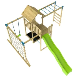 TP Skywood Wooden Tower Climbing Frame with Super Wavy Slide, Sky Deck, Monkey Bars & Skyline with Rapide Swing Seat - FSC® certified