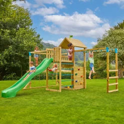 TP Skywood Wooden Tower Climbing Frame with Super Wavy Slide, Sky Deck, Monkey Bars & Skyline with Rapide Swing Seat - FSC® certified