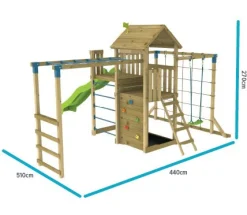 TP Skywood Wooden Tower Climbing Frame with Super Wavy Slide, Sky Deck, Monkey Bars & Skyline with Rapide Swing Seat - FSC® certified