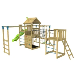 TP Skywood Wooden Tower Climbing Frame with Super Wavy Slide, Sky Deck, Monkey Bars, Skywalk Bridge, Skyline with Swing Seat & extra play tower - FSC® certified