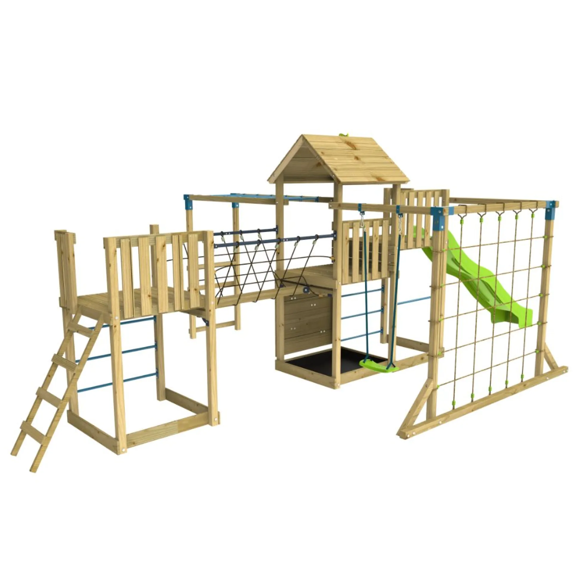 TP Skywood Wooden Tower Climbing Frame with Super Wavy Slide, Sky Deck, Monkey Bars, Skywalk Bridge, Skyline with Swing Seat & extra play tower - FSC® certified