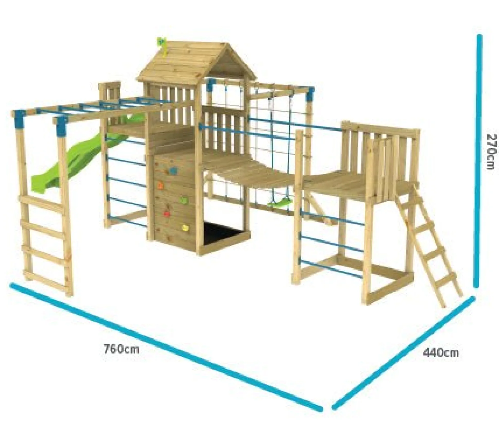 TP Skywood Wooden Tower Climbing Frame with Super Wavy Slide, Sky Deck, Monkey Bars, Skywalk Bridge, Skyline with Swing Seat & extra play tower - FSC® certified