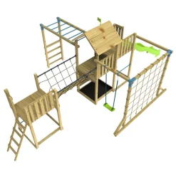 TP Skywood Wooden Tower Climbing Frame with Super Wavy Slide, Sky Deck, Monkey Bars, Skywalk Bridge, Skyline with Swing Seat & extra play tower - FSC® certified