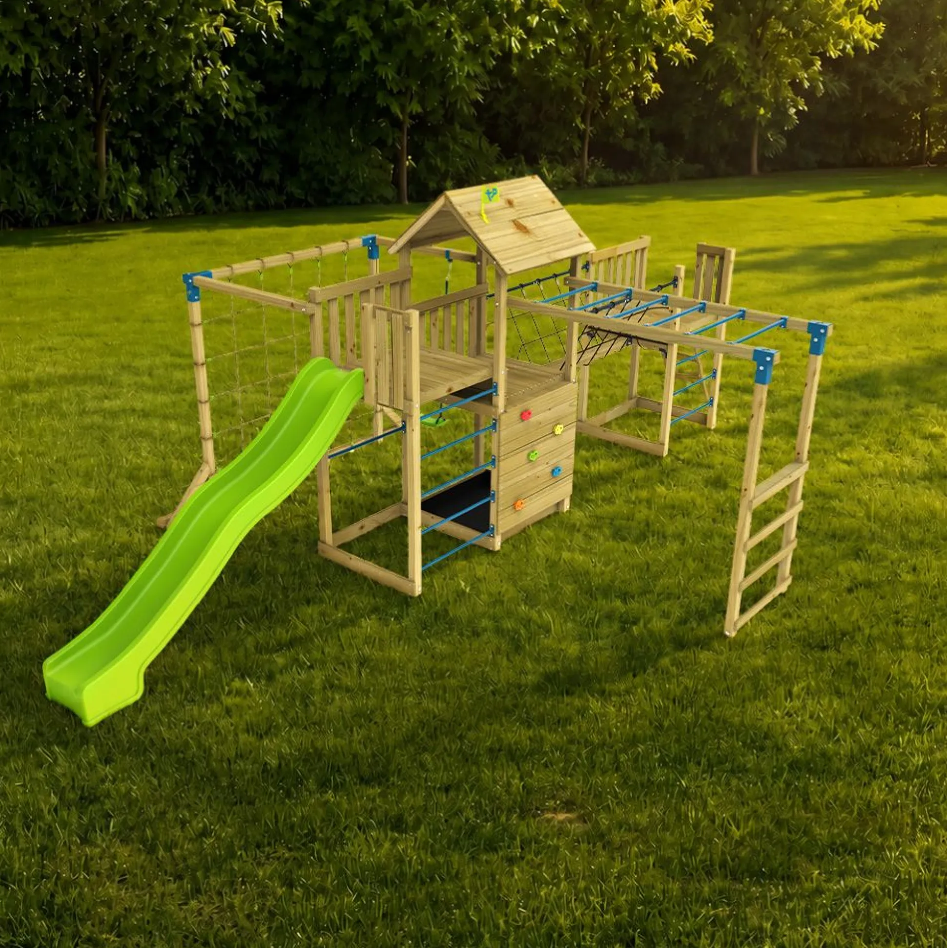 TP Skywood Wooden Tower Climbing Frame with Super Wavy Slide, Sky Deck, Monkey Bars, Skywalk Bridge, Skyline with Swing Seat & extra play tower - FSC® certified