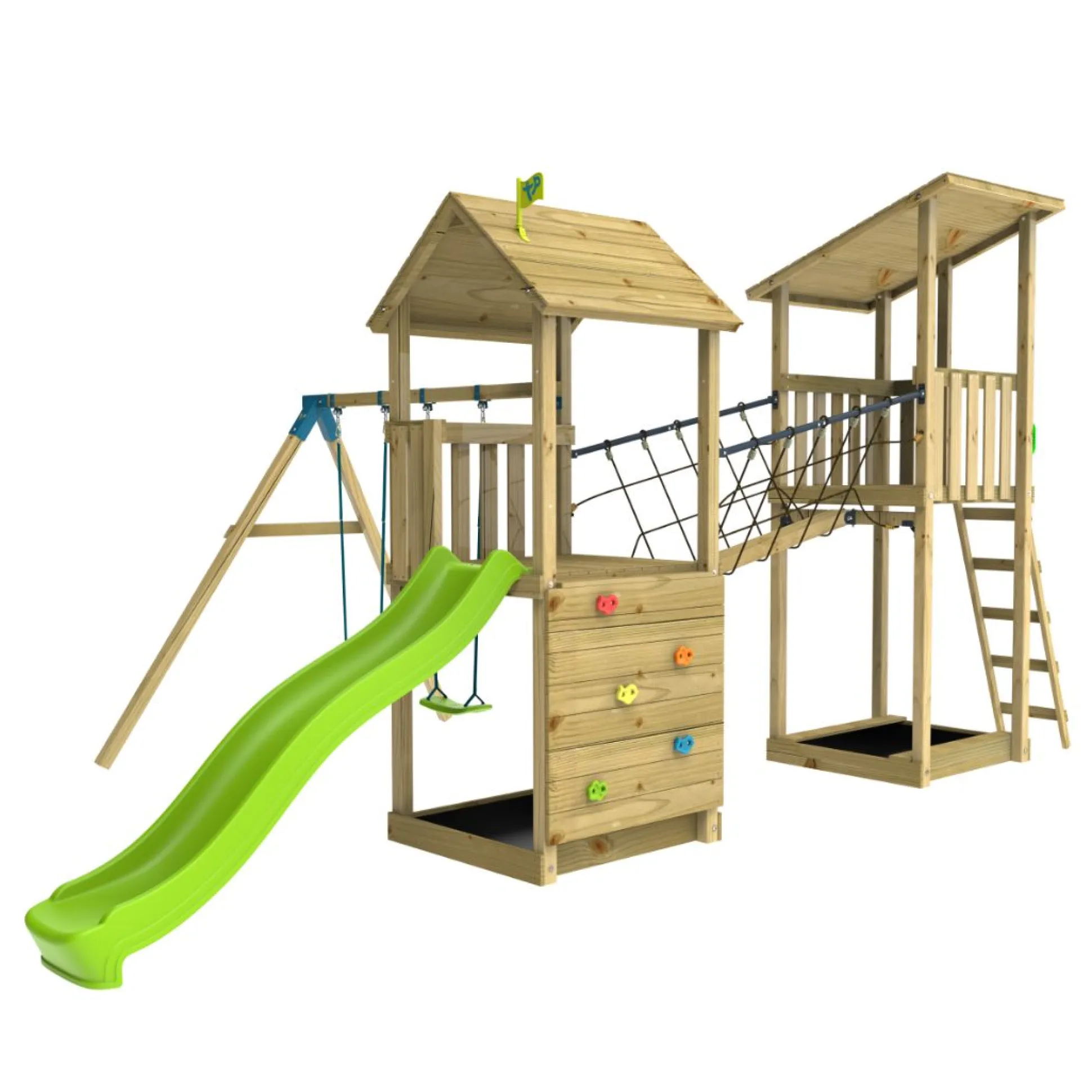 TP Skywood Wooden Tower Climbing Frame with Ripple Slide, SkyWalk Bridge, Lookout Tower & Double Swing Arm - FSC® certified