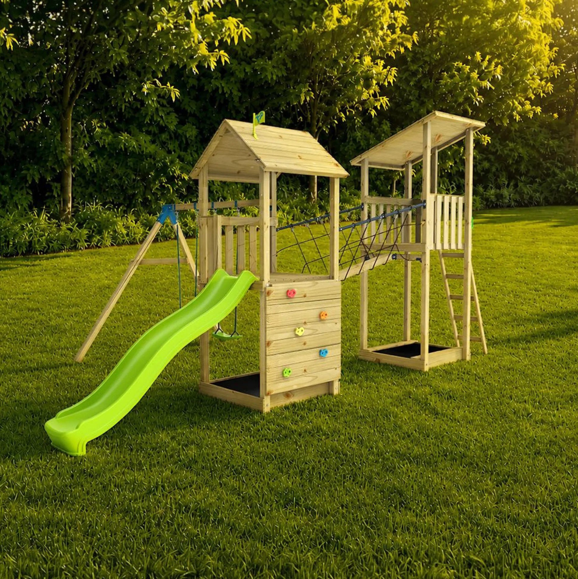 TP Skywood Wooden Tower Climbing Frame with Ripple Slide, SkyWalk Bridge, Lookout Tower & Double Swing Arm - FSC® certified