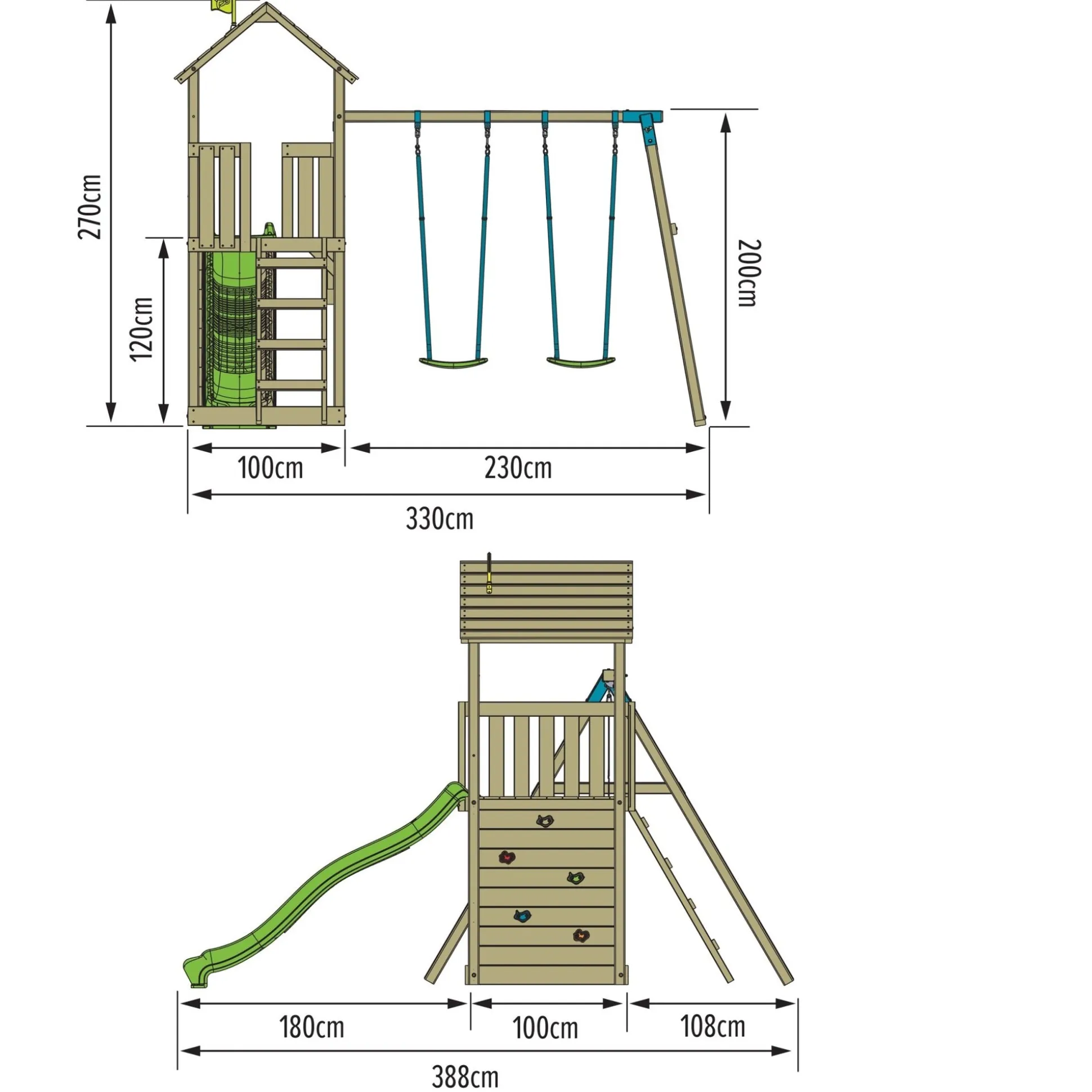 TP Skywood Wooden Tower Climbing Frame with Ripple Slide & Double Swing Arm - FSC® certified