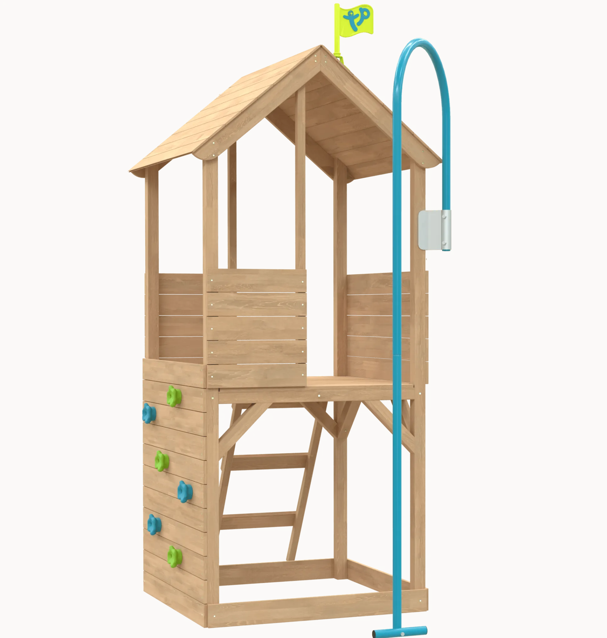 Treehouse Wooden play Tower with Climbing Wall and Fireman's Pole - FSC® certified