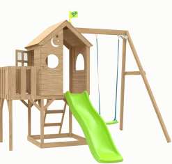 Treehouse wooden play tower, with Panel kit, balcony, wavy slide & swing arm - FSC® certified