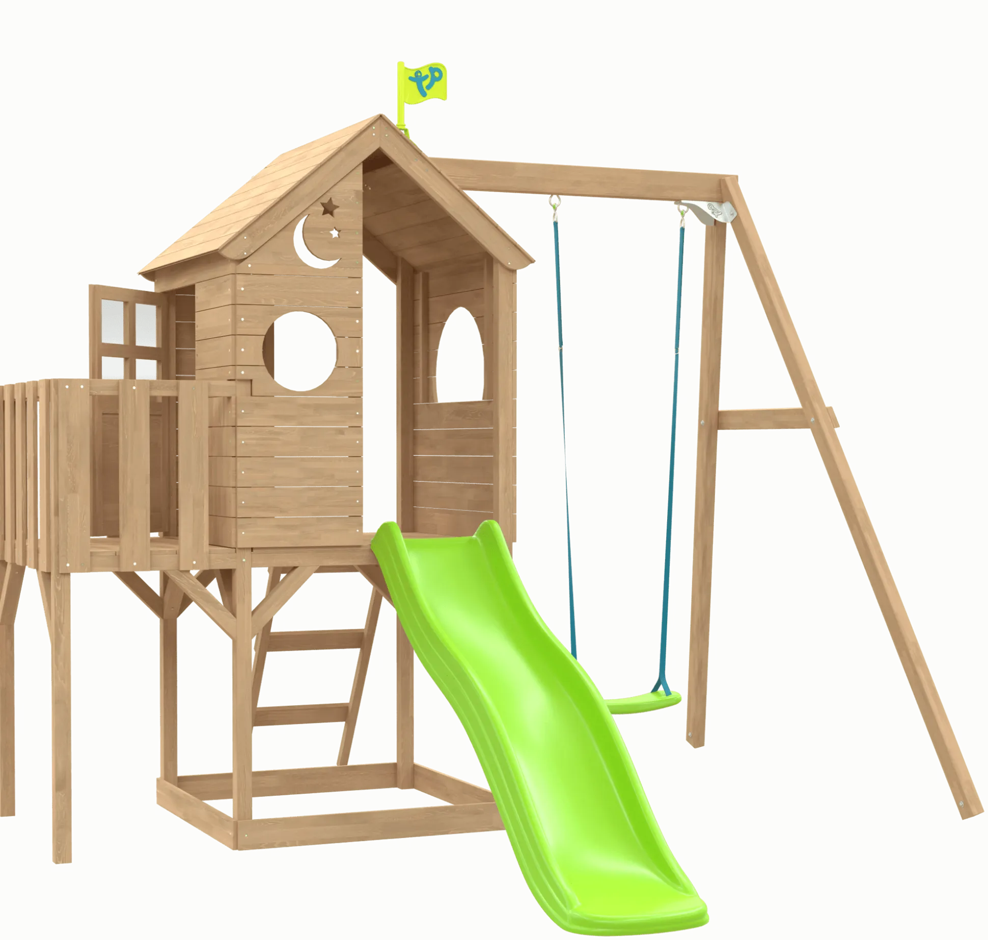 Treehouse wooden play tower, with Panel kit, balcony, wavy slide & swing arm - FSC® certified